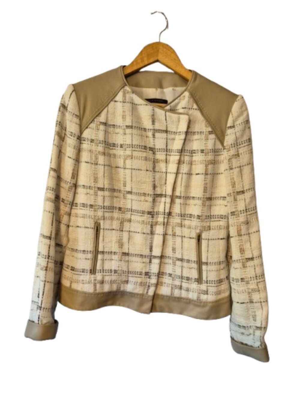 Elie Tahari Tweed and Leather Asymetrical Zipper Blazer Moto Jacket Size 6